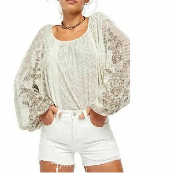 Free People Embroidered Cream Brown Dreams Tunic Blouse Small - Picture 1 of 11